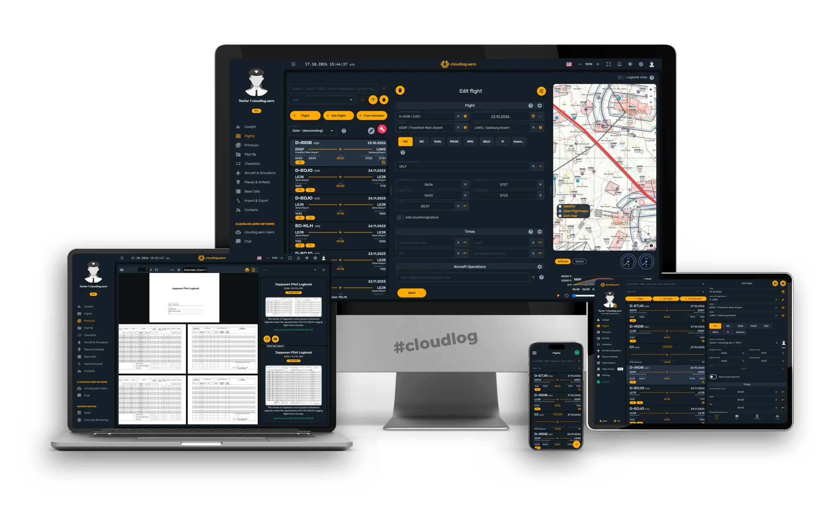 cloudlog.aero auf Monitor, Laptop, Tablet und Handy — Flugeditor, Karte und der fertige Ausdruck